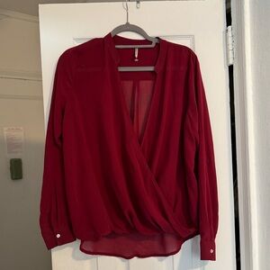 Tresics Red Long Sleeve Deep Cut Sheer Red Blouse Size Large